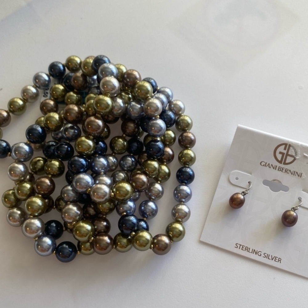 Freshwater colored pearl multi strand necklace with matching pierced earrings